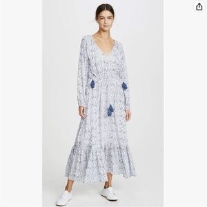 Roller Rabbit Olaya Royal Denmark Maxi Dress Sz S Long Sleeve V Neck Cotton